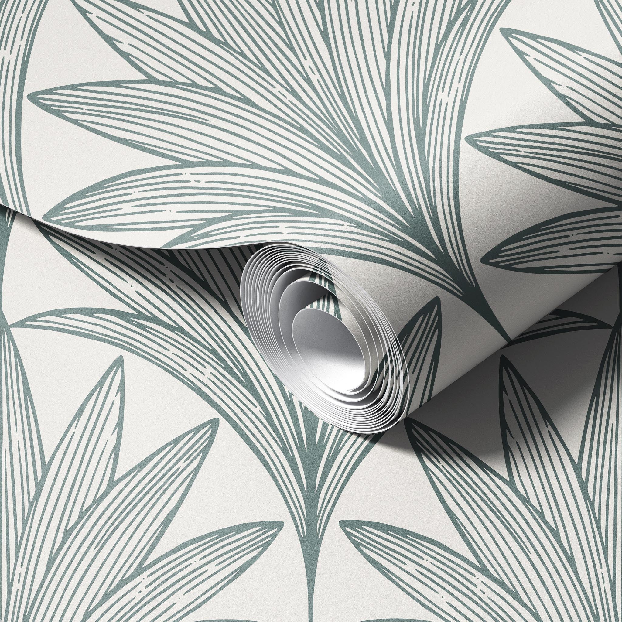 Art Deco Palm Leaves Green & Cream peel and stick wallpaper room mockup